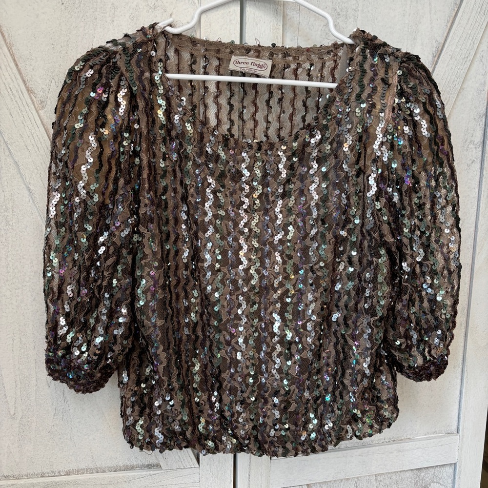 Three Flaggs California Lace Sequin Top Taupe Going Out Top Vintage